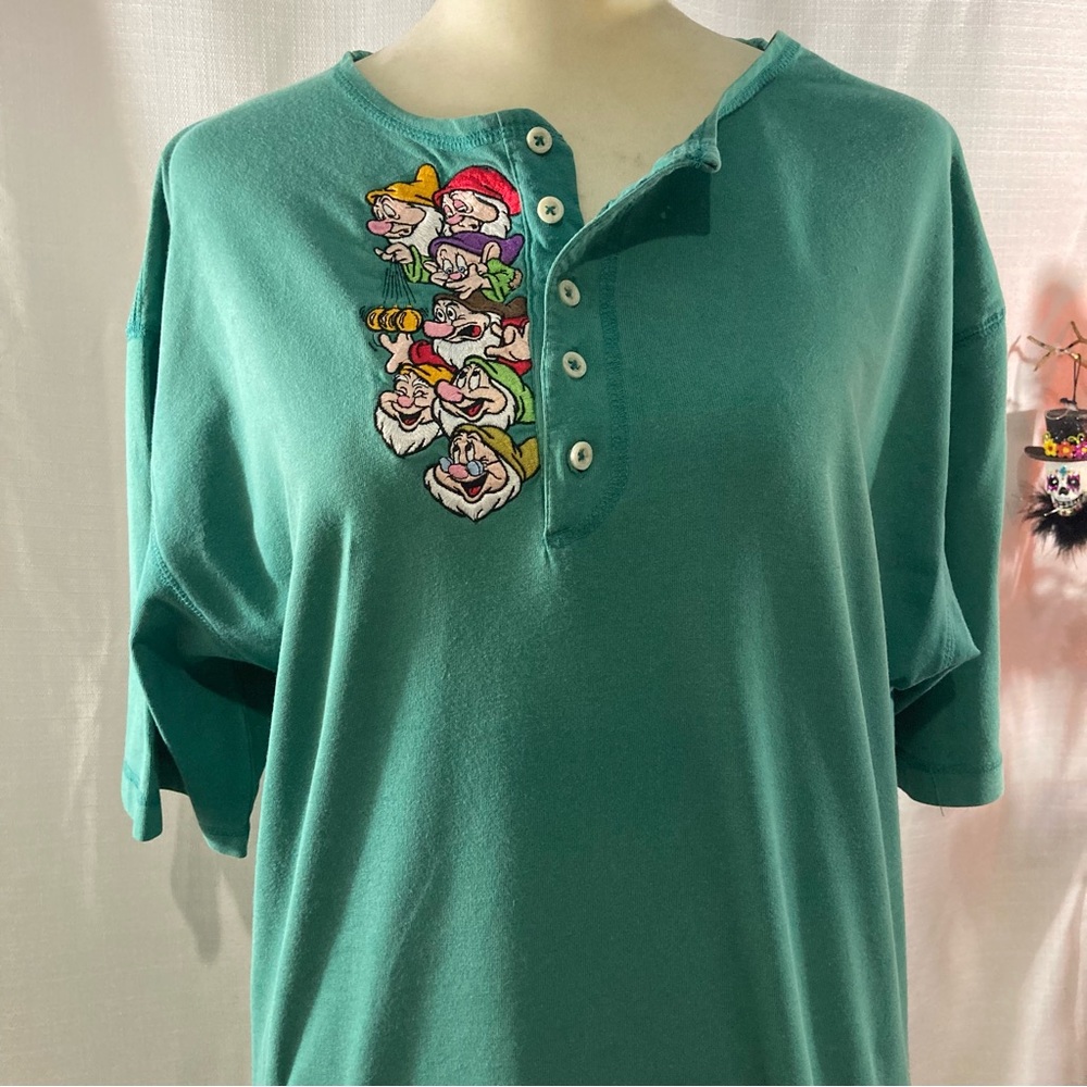 Vintage Disney store; Women’s; S. Large, Embroidered 7 dwarfs, Teal, Henley, EUC